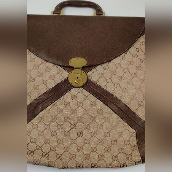 Gucci Brown Leather & Cream Logo Monogram Satchel Bag Vintage - Picture 4 of 16